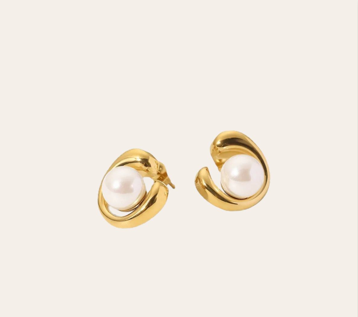 Orbit Pearl Earrings, sculpted swirl stud with imitation pearl (gold)