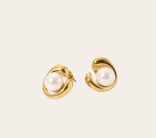 Orbit Pearl Earrings, sculpted swirl stud with imitation pearl (gold)