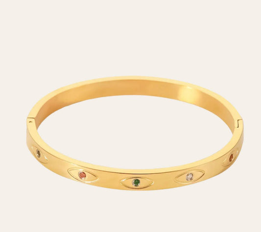 Prisma Bangle in 18k gold-plated stainless steel with colorful zircon accents, waterproof hypoallergenic tarnish-free bracelet