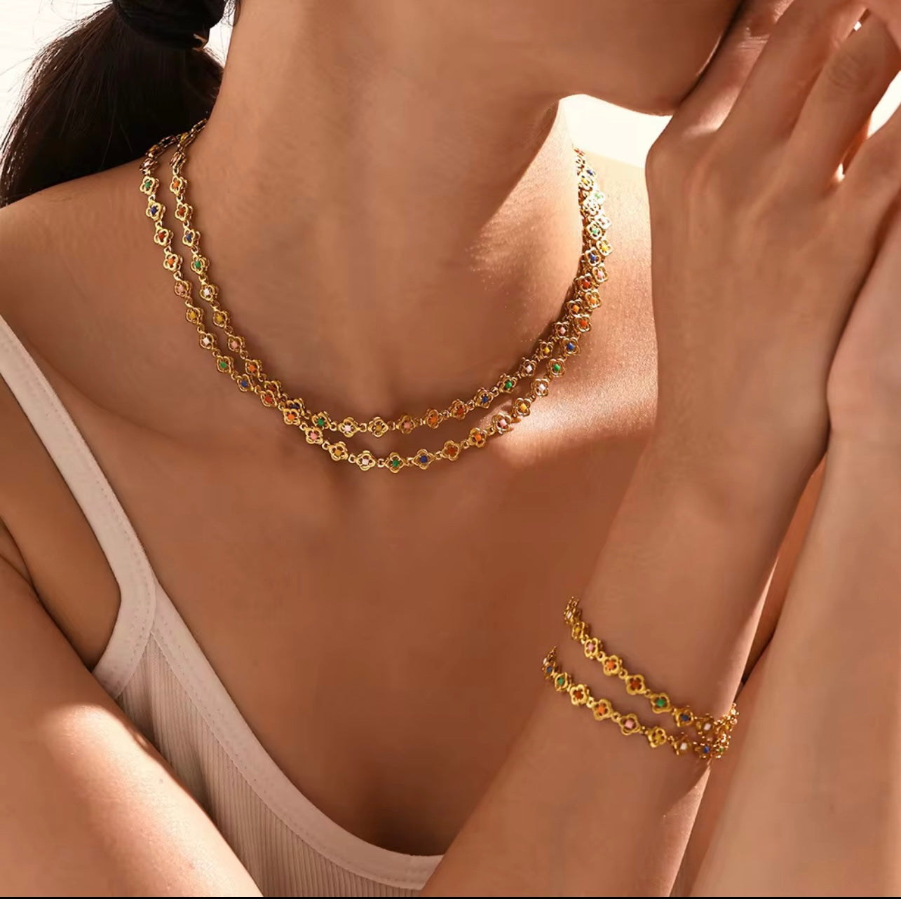 Model wearing Rainbow Bracelet and Rainbow Necklace set in 18k Gold-Plated Stainless Steel with enamel inlay, waterproof colorful jewelry gift