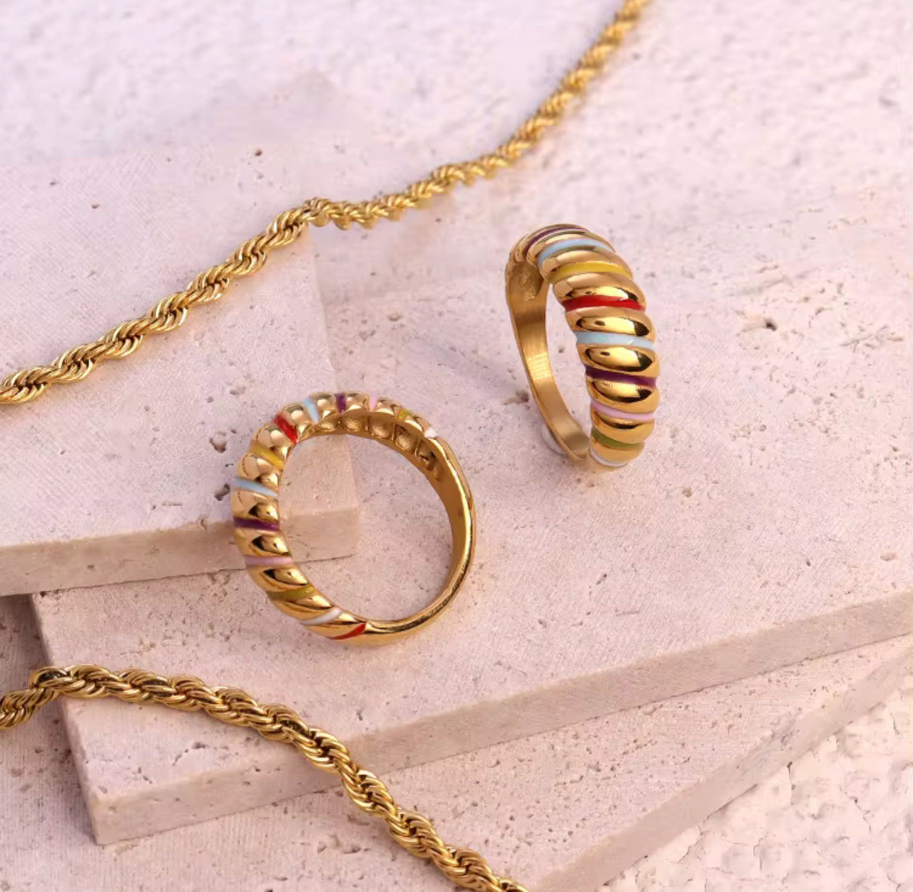 Rainbow Ring styled ; glossy multicolor enamel dome band