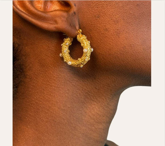 Reef Pearl Hoops on model  coral-textured hoop with pearls, close-up