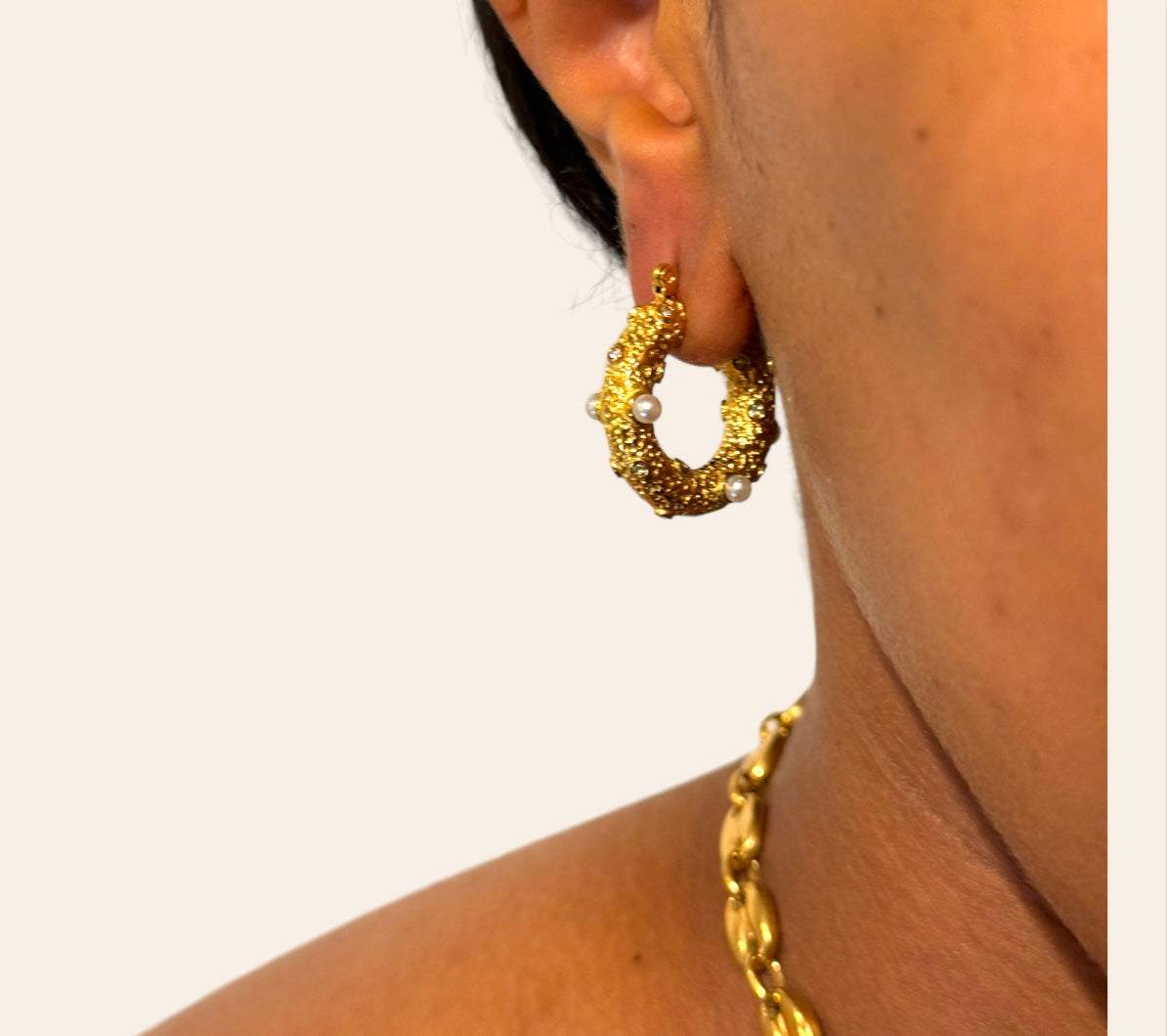 Reef Pearl Hoops on model  lifestyle loo