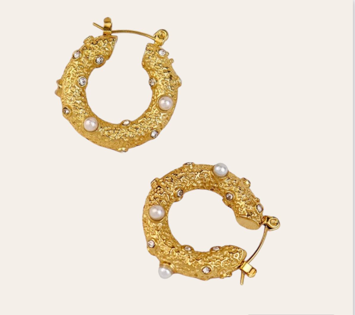 Reef Pearl Hoops  textured hoops with imitation pearls (18k gold-plated), plain