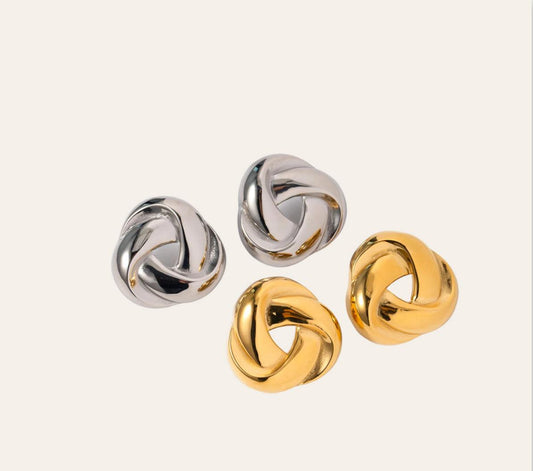 Rhea Knot Earrings, polished knot studs in stainless steel and 18k gold-plated