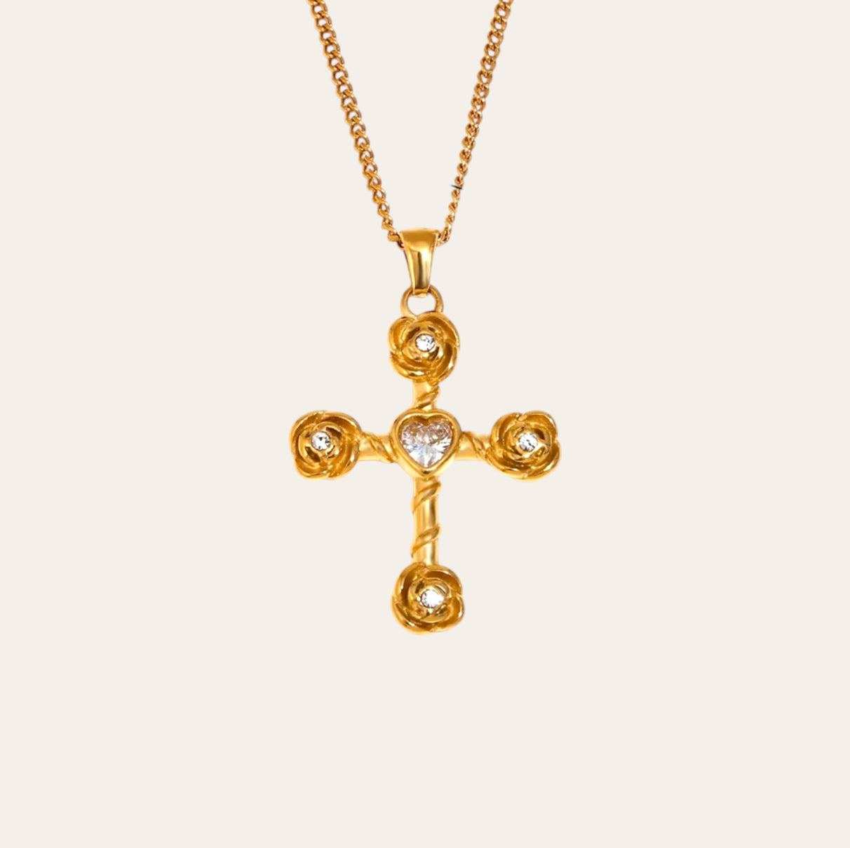 Rosette Cross Necklace with clear heart zircon and round accents, gold-plated 316L, front view