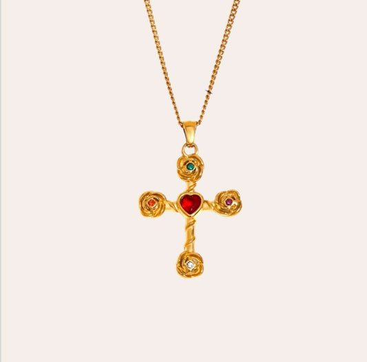 Rosette Cross Necklace with red heart zircon and round accents, gold-plated 316L, front view