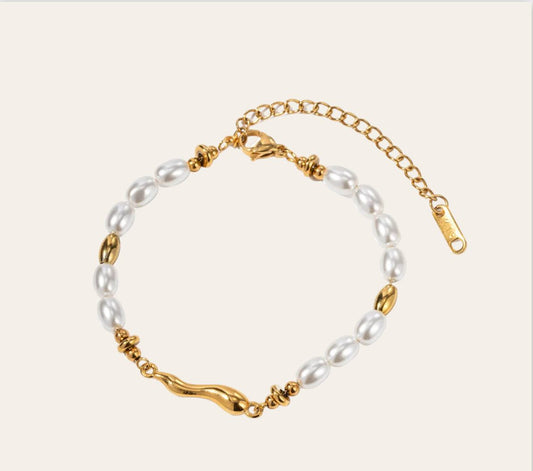 Serene Pearl Strand Bracelet with glassy pearl beads, 18k gold-plated stainless steel, waterproof hypoallergenic jewelry