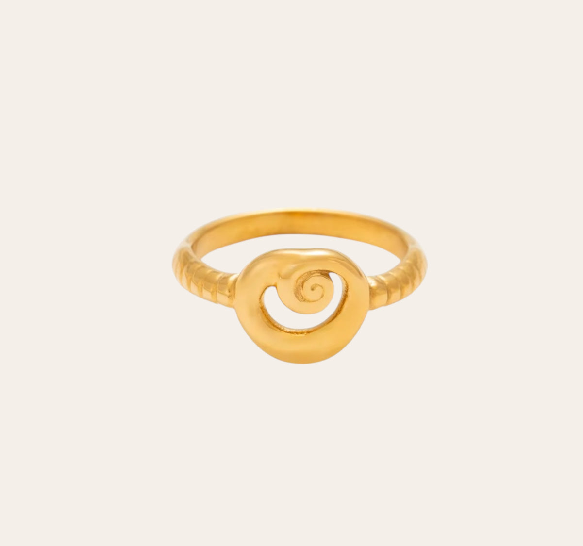Spira Ring spiral centerpiece in 18k gold-plated (PVD) 316L stainless steel on plain background