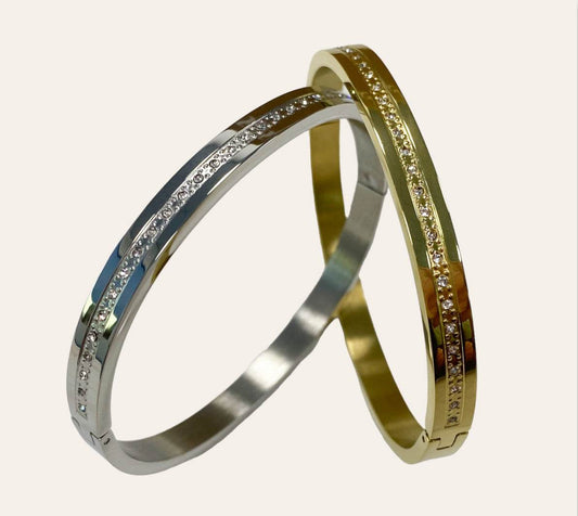 Starlight Bangle in 18k gold-plated stainless steel with rectangular-cut zircon accents, waterproof hypoallergenic tarnish-free bracelet