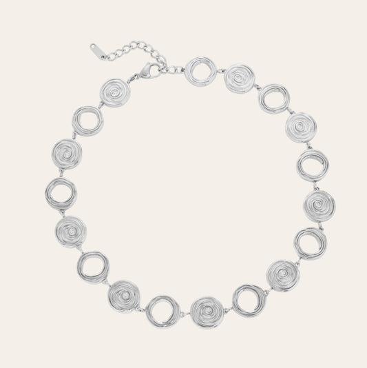 Sun Dance Necklace in 316L stainless steel, linked spiral sun discs, 38+5 cm