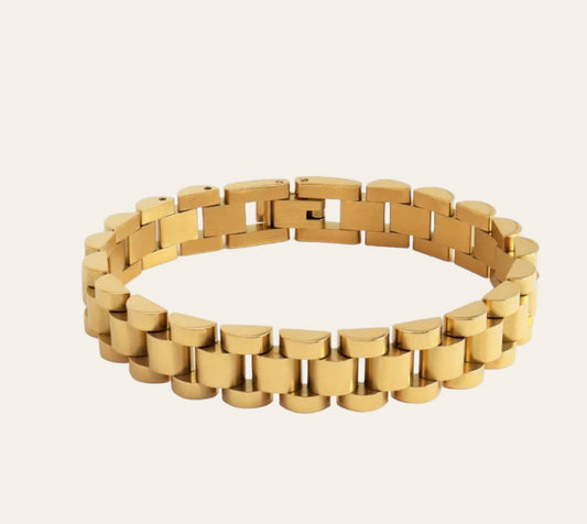 Tempo Watch Chain Bracelet in 18k gold-plated stainless steel, flexible watch-inspired link design, waterproof hypoallergenic jewelry