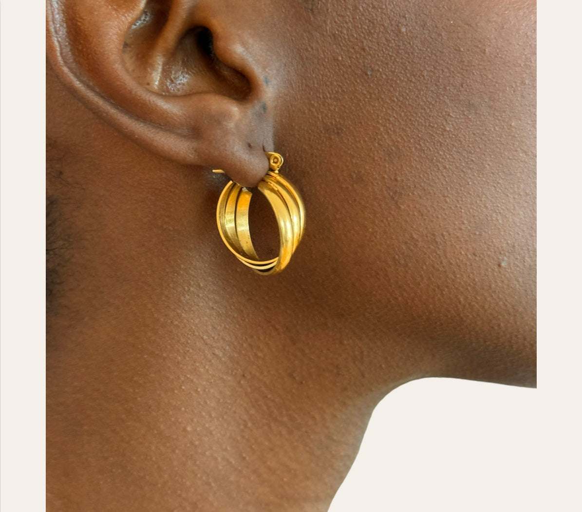 Trio Ridge Hoops on model  close-up triple-ridge profile