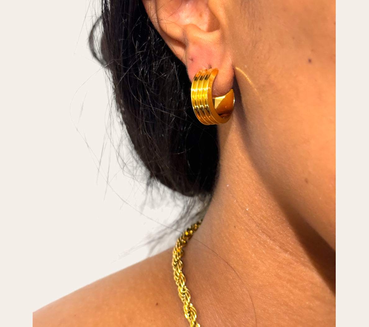 Zara Earrings on model  ribbed dome hoop fit