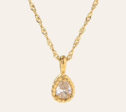 Zara Necklace with pear-cut clear zircon in a twisted rope bezel on plain background
